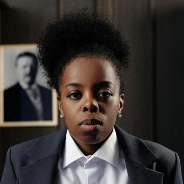 African American woman in a suit poses confidently in a law office setting.